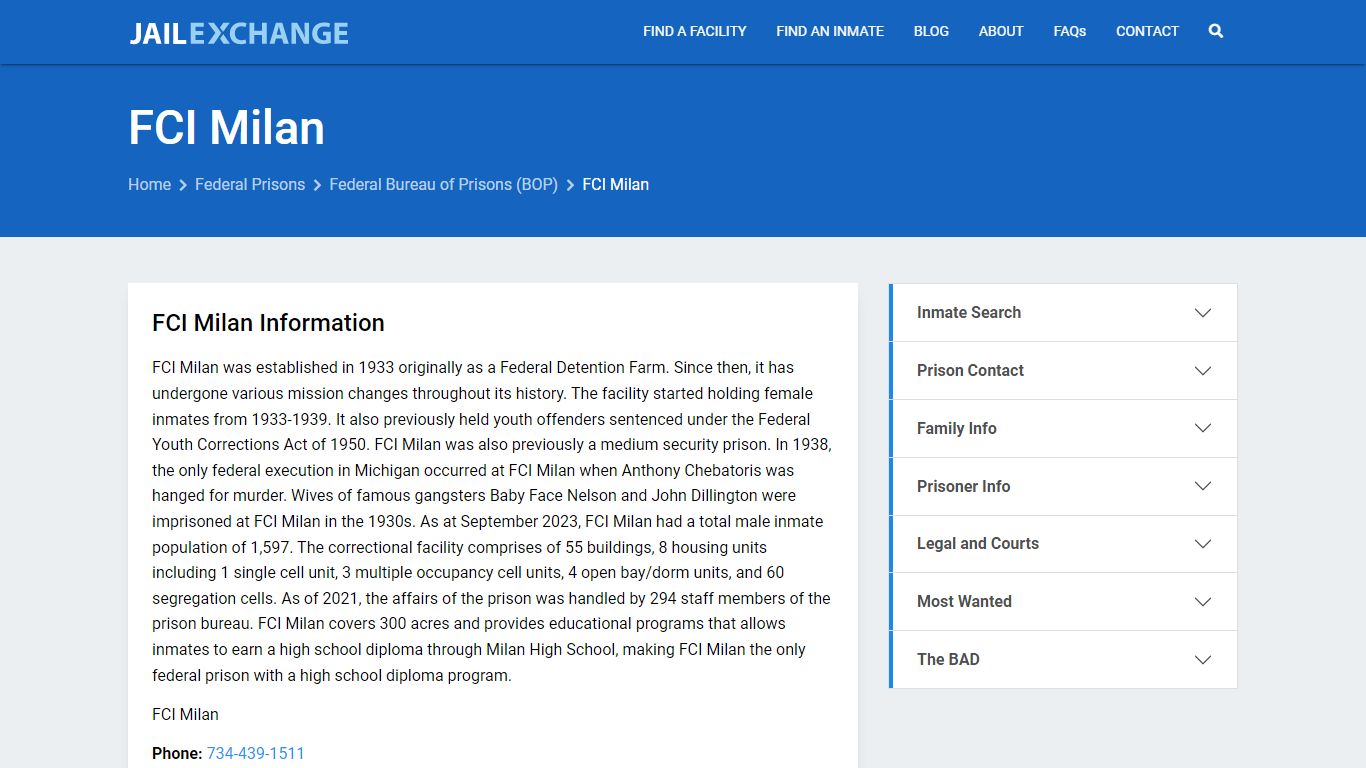 Federal Inmate Search - FCI Milan - Jail Exchange